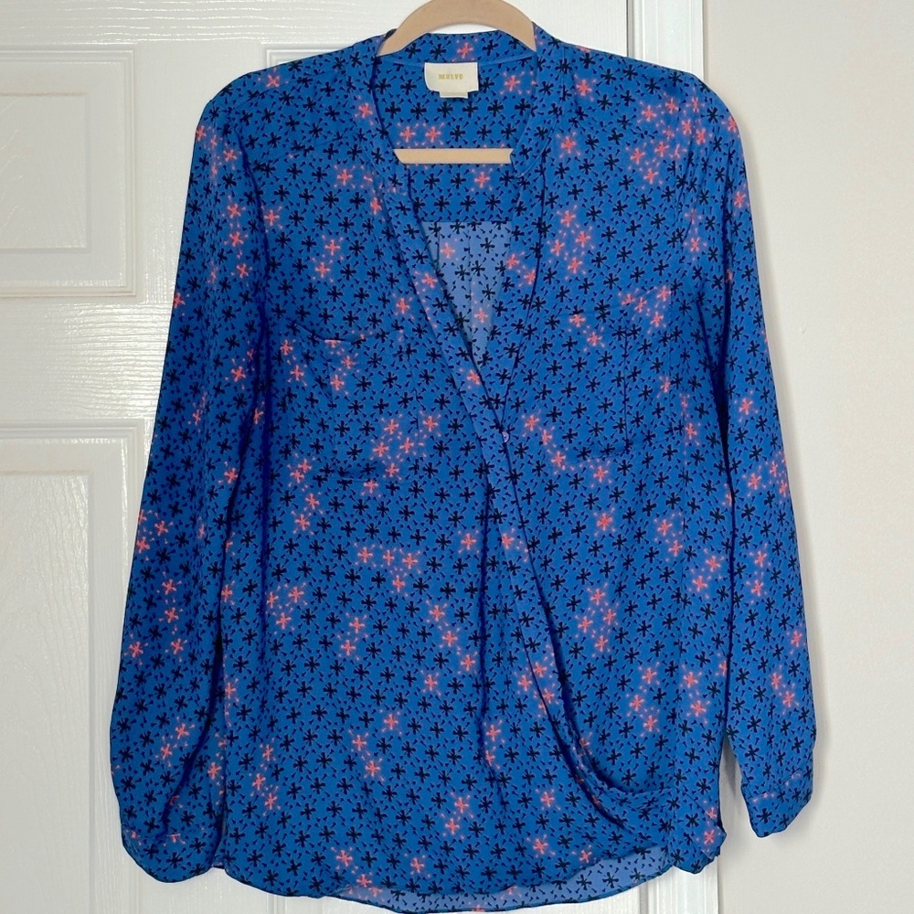 Maeve Anthropologie Eva Wrap Faux Wrap Top Pattern Blue Long Sleeve Size 8